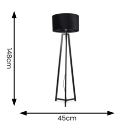 ValueLights Lottie Black Velvet Drum Shade Black Wood Tripod LED Floor Lamp - Size: 148 x 45 x 45cm - Wilko - thumbnail 5