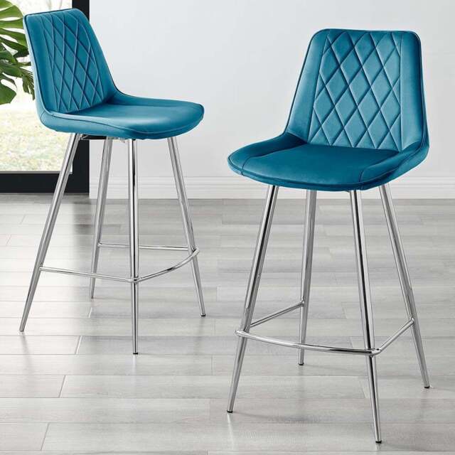 Furniturebox Cesano Blue Velvet Silver Legs Counter Stools Set of 2 - Wilko - image 1