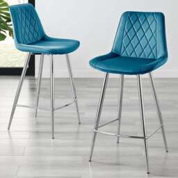 Furniturebox Cesano Blue Velvet Silver Legs Counter Stools Set of 2 - Wilko