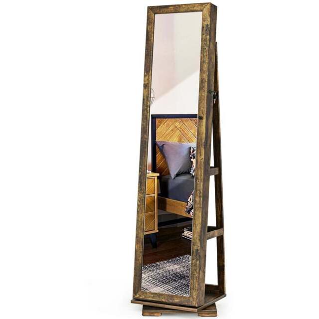 Costway Rustic Brown Rotatable Full Length Mirrored Jewellery Cabinet with 3 Shelf - Size: 167.6 x 45.7 x 22.86cm - Wilko - image 1