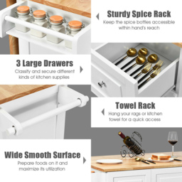 Costway 3 Drawer and 2 Door White Kitchen Island Cart on Wheels - Size: 136 x 76 x 91cm - Wilko - thumbnail 7