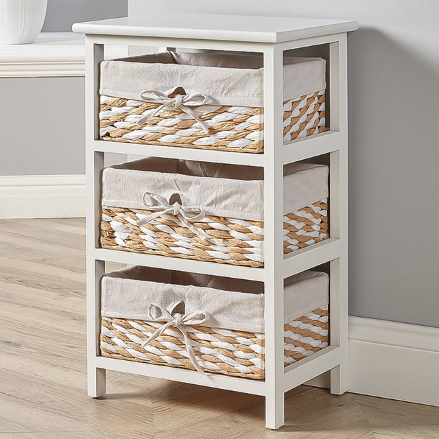 Home Source Norfolk 3 Basket Drawer White Storage Cabinet - Size: 60 x 27 x 37cm - Wilko