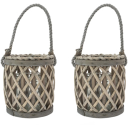 JVL Luna Grey Wash Natural Willow Wood Lantern with Braided Rope Handle 2 Pack - Size: 16.5 x 15 x 15cm - Wilko