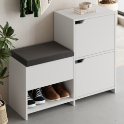 Decortie Haven 2 Door Single Shelf White Modern Shoe Storage Bench with Hidden Compartment - Size: 80.5 x 101.5 x 35.5cm - Wilko