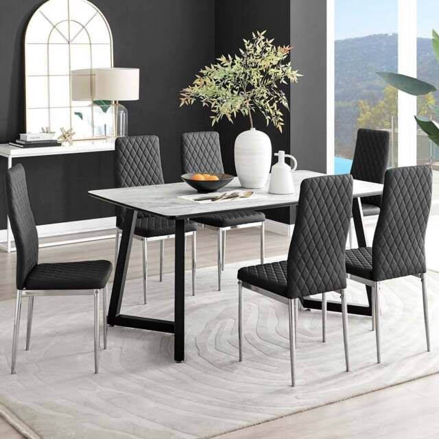 Furniturebox Copeland Valera Marble Effect 6 Seater Dining Set White Black and Chrome - Wilko - image 1