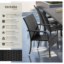 tectake Girona Set of 6 Garden Polyrattan Stackable Chair - Size: 90 x 58 x 67cm - Black - Wilko - thumbnail 7