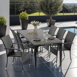 tectake Girona Set of 6 Garden Polyrattan Stackable Chair - Size: 90 x 58 x 67cm - Black - Wilko - thumbnail 1
