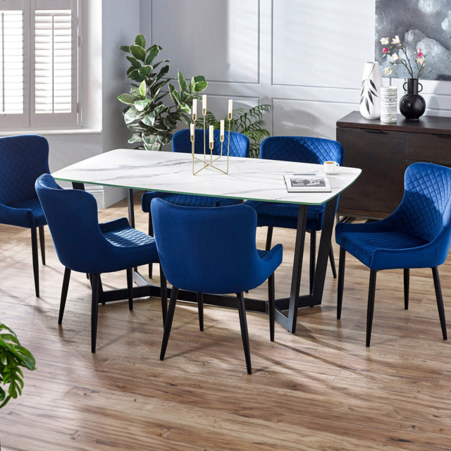 Julian Bowen Olympus Luxe and Marble Effect 6 Seater Dining Set White and Blue - Wilko - image 1