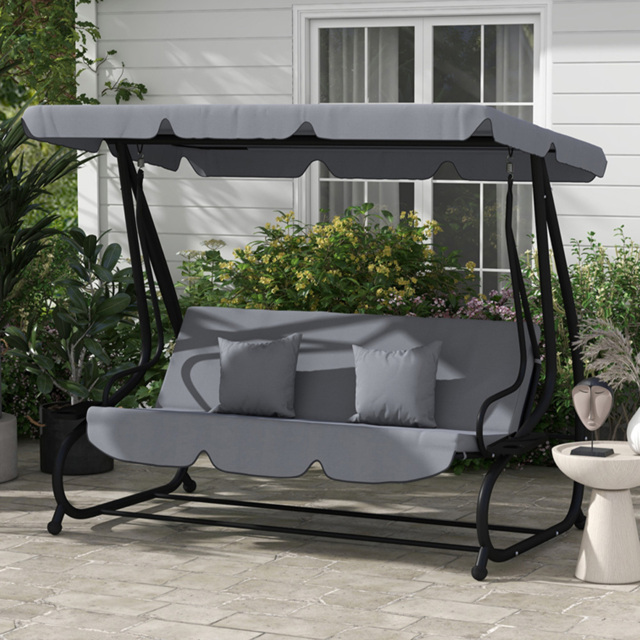 Outsunny 2-in-1 3 Seater Grey Convertible Garden Swing Chair with Adjustable Canopy - Dark Grey - Wilko - image 1