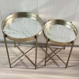 Acacia Home Art Deco Silver Marble Effect Round Side Table Set of 2 - Size: 45 x 36 x 36cm - Gold - Wilko