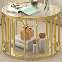 Costway Golden Tempered Glass Round Coffee Table - Size: 70 x 68 x 17cm - Wilko