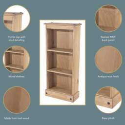 Corona 3 Shelf Antique Wax Finish Low Narrow Bookcase - Brown - Wilko - thumbnail 6