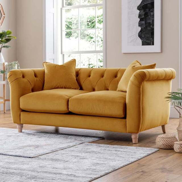 Elsie Chesterfield 2 Seater Ochre Plush Velvet Sofa - Yellow - Wilko - image 1