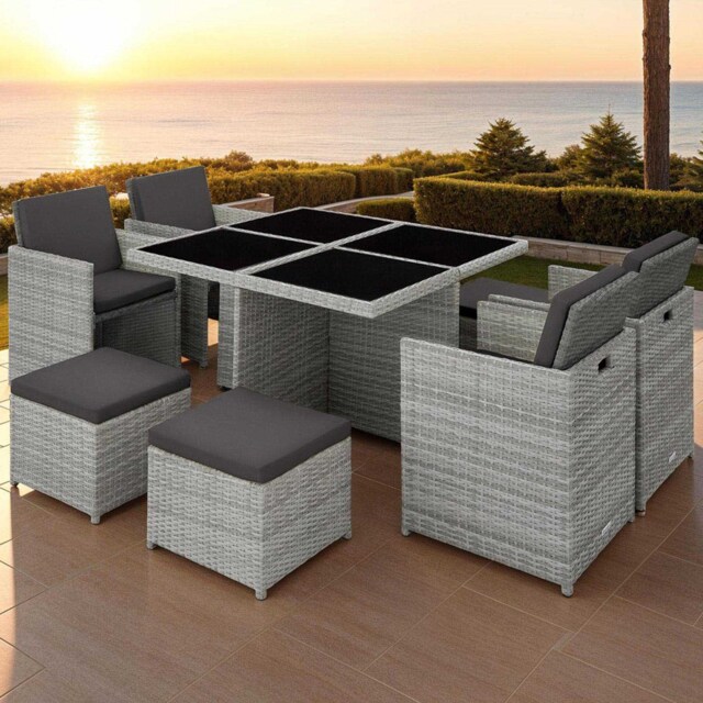 tectake Manhattan 8 Seater Rattan Garden Dining Set Light Grey - Wilko - image 1