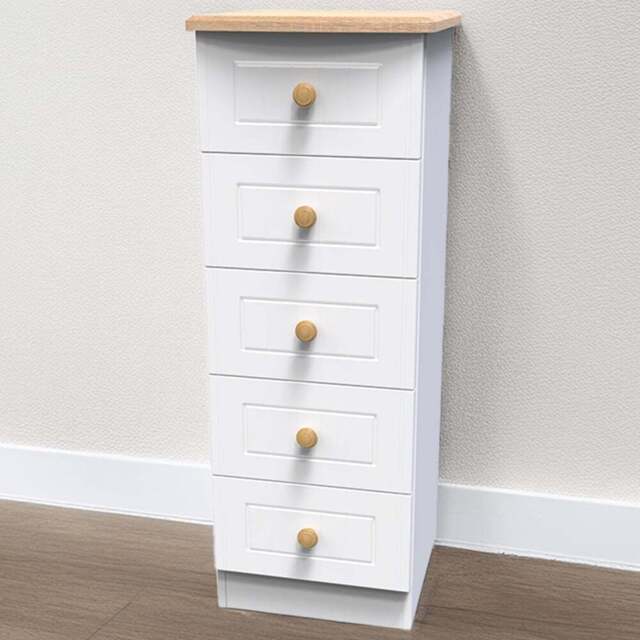 Crowndale Warwick 5 Drawer White Ash and Oak Tall Bedside Cabinet - Wilko - image 1