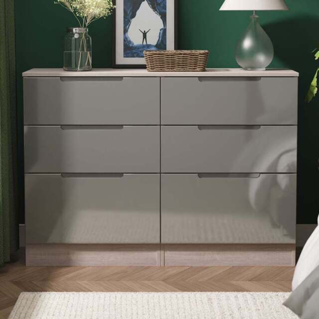 Crowndale Milan 6 Drawer Grey Gloss and Grey Oak Wide Chest of Drawers Ready Assembled - Grey Gloss & Grey Oak - Wilko - image 1