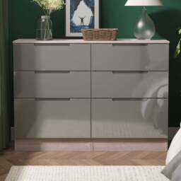 Crowndale Milan 6 Drawer Grey Gloss and Grey Oak Wide Chest of Drawers Ready Assembled - Grey Gloss & Grey Oak - Wilko