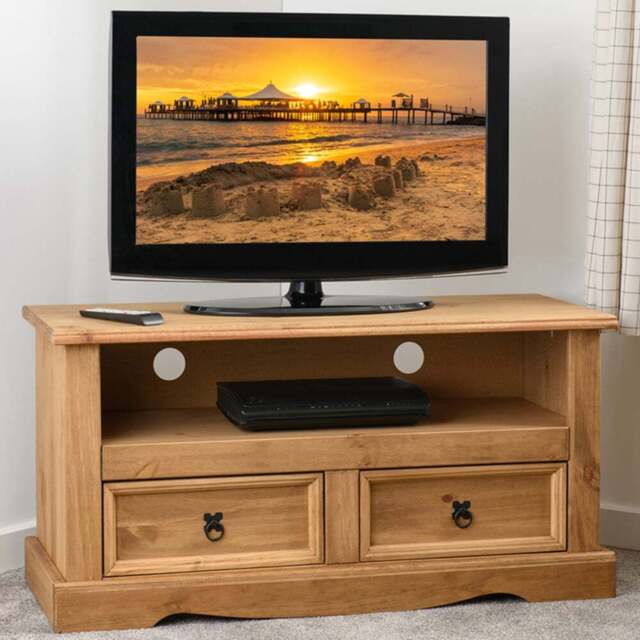 Seconique Corona 2 Drawer Distressed Waxed Pine Flat Screen TV Unit - Size: 44 x 108 x 55cm - Brown - Wilko - image 1