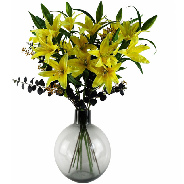 Leaf Yellow and Black Lily and Eucalyptus Artificial Flower Bundle with Vase 100cm 10 Pack - Size: 100 x 80 x 80cm - Wilko - image 1