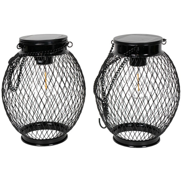 ValueLights Black Metal Mesh Cage Solar Powered Outdoor Garden Lantern Light 2 Pack - Size: 38.5 x 13.8 x 13.8cm - Wilko - image 1
