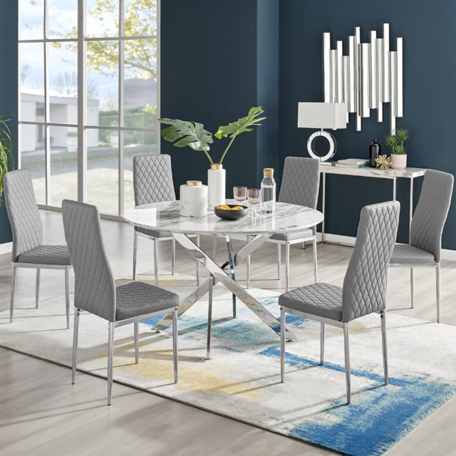 Furniturebox Arona Valera Marble Effect 6 Seater Round Dining Set White Chrome and Grey - Wilko - image 1