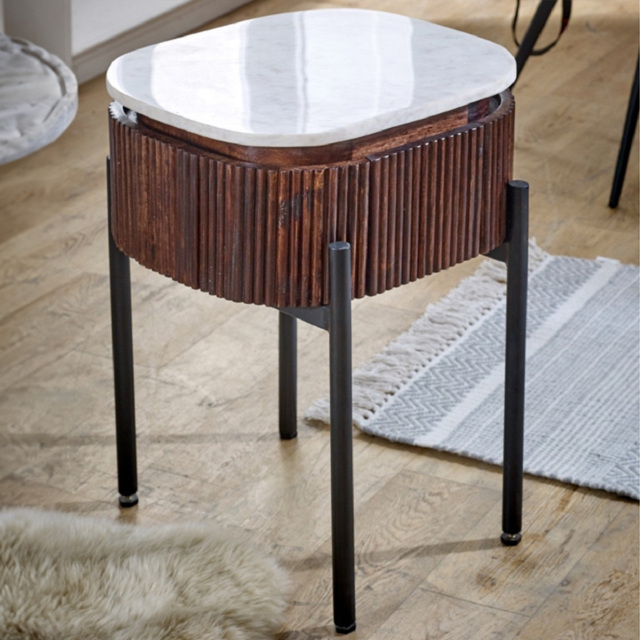 Brooklyn Opal Single Drawer Marble Top Mango Wood Bedside Table - Brown - Wilko - image 1