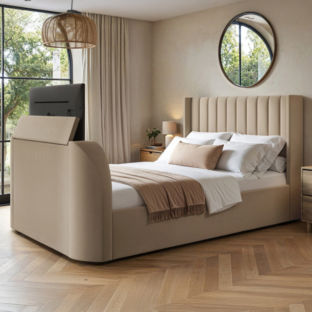 Flair Fallon Double Beige Velvet TV Side Lift Ottoman Bed - Cream - Wilko - image 1