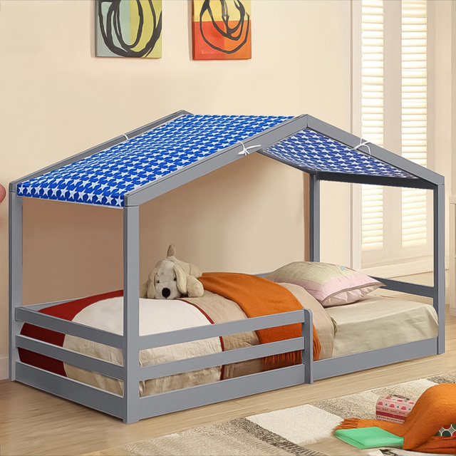 Brooklyn Single Grey Wooden House Style Bed with Blue Tent - Wilko - image 1