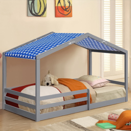 Brooklyn Single Grey Wooden House Style Bed with Blue Tent - Wilko