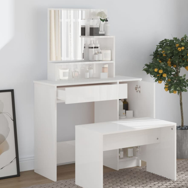 vidaXL Single Door Single Wide Drawer High Gloss White Dressing Table with Mirror - Size: 136 x 86.5 x 35cm - Wilko - image 1