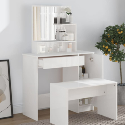 vidaXL Single Door Single Wide Drawer High Gloss White Dressing Table with Mirror - Size: 136 x 86.5 x 35cm - Wilko