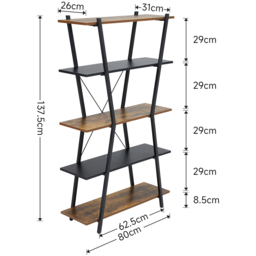 H&O Direct 5 Shelf Industrial Open Bookshelf - Brown - Wilko - thumbnail 5