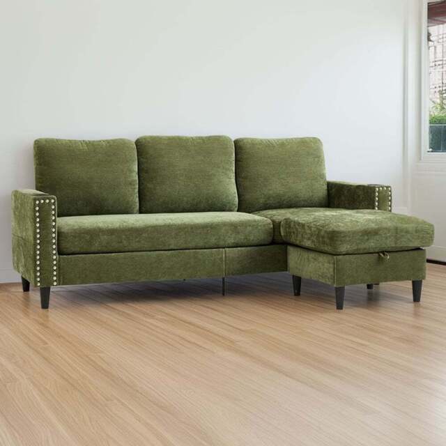 Living and Home 4 Seater Green Chenille Sofa with Footstool and Cup Holders - Wilko - image 1