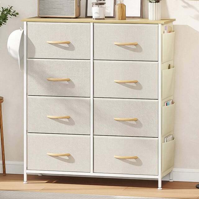 HOMCOM 8 Drawer 4 Side Pockets 2 Hooks Beige Fabric Chest of Drawers - Silver - Wilko - image 1