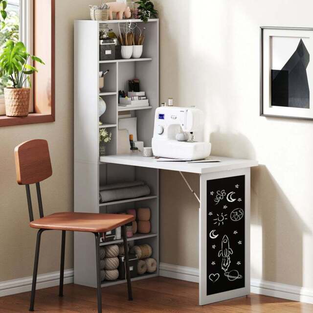 HOMCOM White Folding Convertible Desk with Blackboard and Bookshelf - Size: 153.0 cm x 51.0 cm x 98.0 cmcm - Wilko - image 1