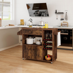 Costway 2 Door Single Drawer Rustic Brown Mobile Drop Leaf Kitchen Island Cart with Wine Rack - Size: 64 x 39 x 31cm - Wilko - thumbnail 3