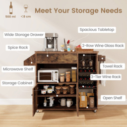 Costway 2 Door Single Drawer Rustic Brown Mobile Drop Leaf Kitchen Island Cart with Wine Rack - Size: 64 x 39 x 31cm - Wilko - thumbnail 7