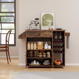 Costway 2 Door Single Drawer Rustic Brown Mobile Drop Leaf Kitchen Island Cart with Wine Rack - Size: 64 x 39 x 31cm - Wilko - thumbnail 5