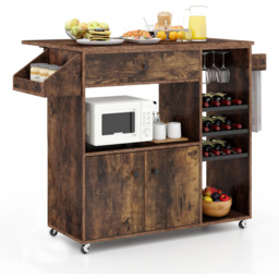 Costway 2 Door Single Drawer Rustic Brown Mobile Drop Leaf Kitchen Island Cart with Wine Rack - Size: 64 x 39 x 31cm - Wilko - thumbnail 4