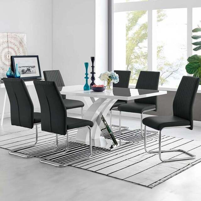 Furniturebox Columbia Fontana 6 Seater Dining Set White Gloss Black and Chrome - Wilko - image 1