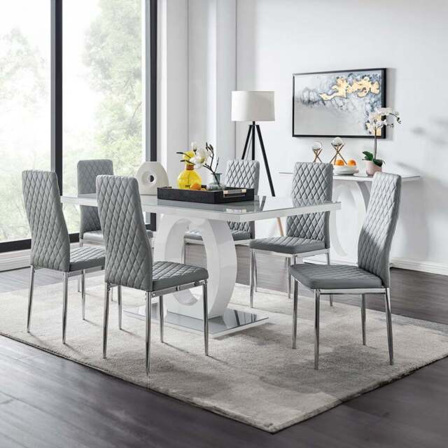 Furniturebox Lucia Valera 6 Seater Dining Set Grey Gloss and Chrome - Wilko - image 1
