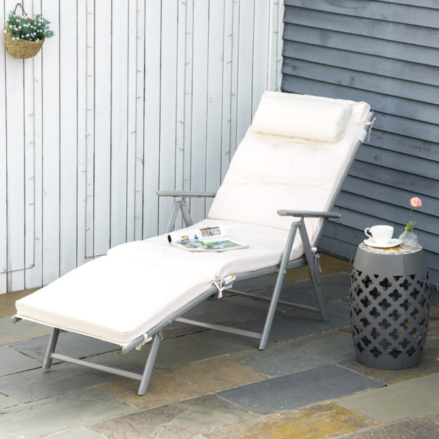 Outsunny Cream White Foldable Sun Lounger with Cushion - Size: 1 Seater - Wilko - image 1