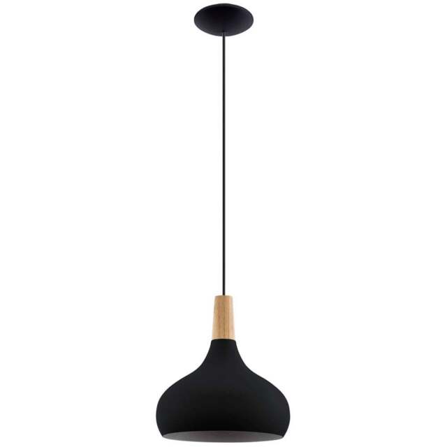 EGLO Sabinar Black Metal and Wood Pendant Light 28cm - Size: 28.0 x 28.0 x 110.0cm - Wilko