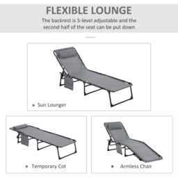 Outsunny Grey Portable Garden Reclining Sun Lounger - Size: 1 Seater - Wilko - thumbnail 5