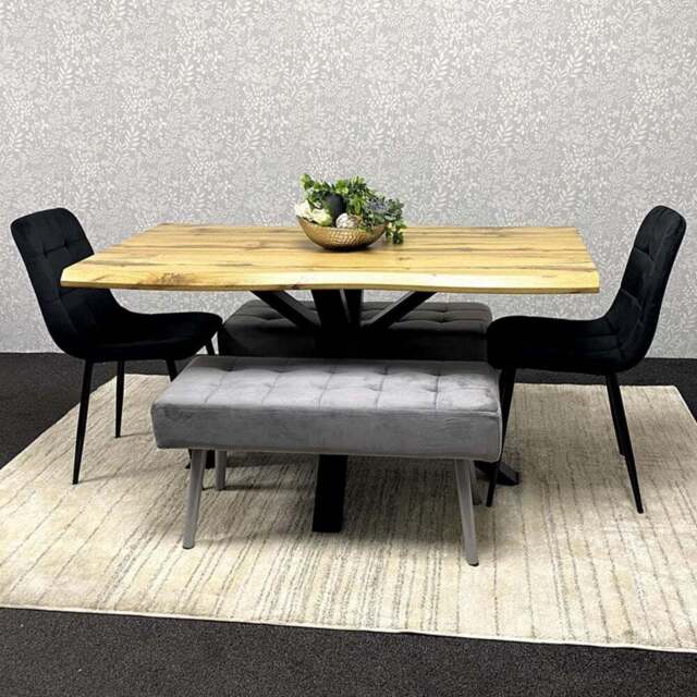 Kosy Koala 6 Seater Velvet Wooden Rectangle Dining Set with Bench Black - Multi - Wilko - image 1