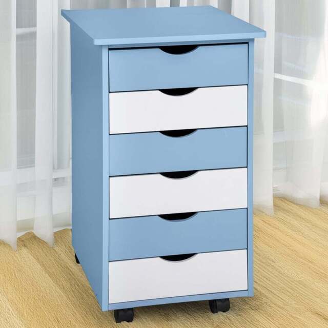 tectake 6 Drawer Blue Wooden Chest of Drawers with Wheels - Wilko - image 1