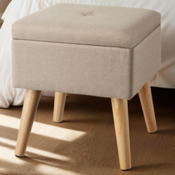 tectake Elva Sand Linen Look Padded Stool with Storage - Size: 36.5 x 32.5 x 32.5cm - Yellow - Wilko - thumbnail 1