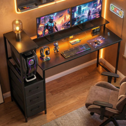 Portland 3 Drawer Black Gaming Desk with Charging Station and RGB Light - Size: 130 x 47 x 147cm - Wilko