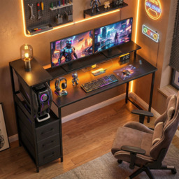 Portland 3 Drawer Black Gaming Desk with Charging Station and RGB Light - Size: 130 x 47 x 147cm - Wilko - thumbnail 4