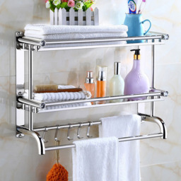 Living and Home 2-Tier Silver Stainless Steel Wall Mounted Bathroom Towel Rail with Shelf and Hooks - Size: 2 Tier - Wilko - thumbnail 3